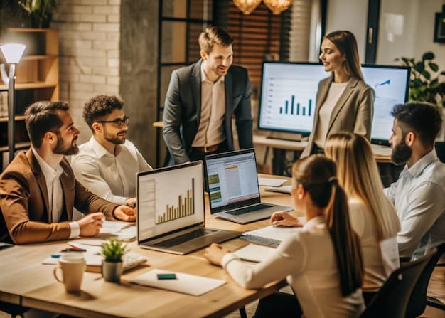 Dynamic team collaborating in a modern office environment